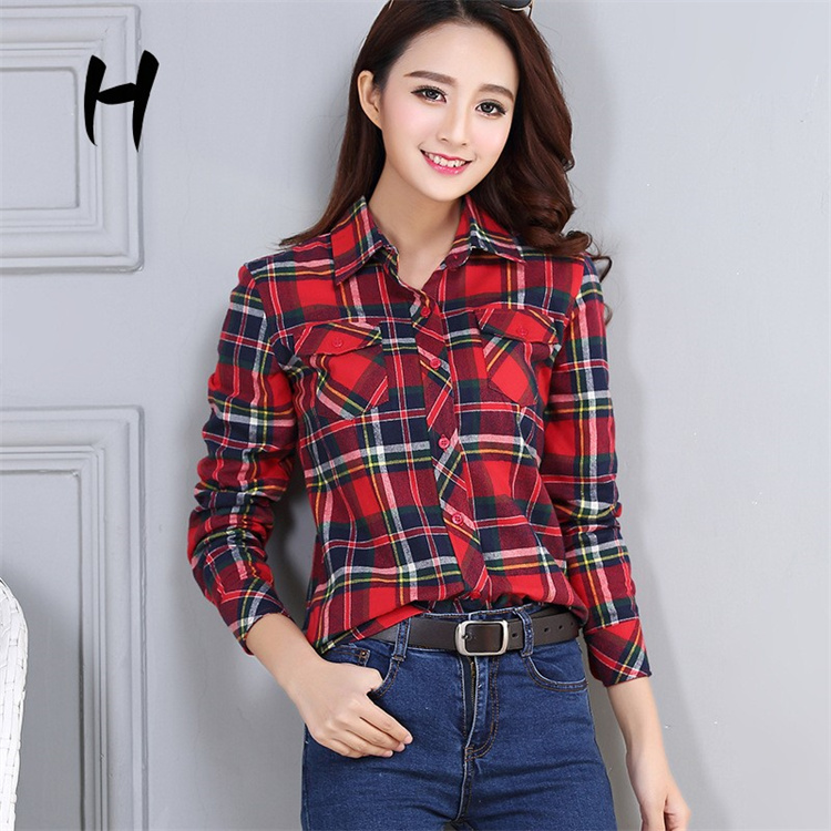 レディースファッション スリム長袖チェックシャツ ネルシャツ 18color