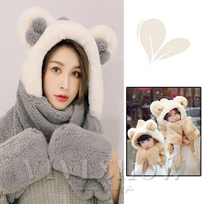 レディース＆キッズ マフラー 帽子 手袋 3点一体 セット アニマル帽子