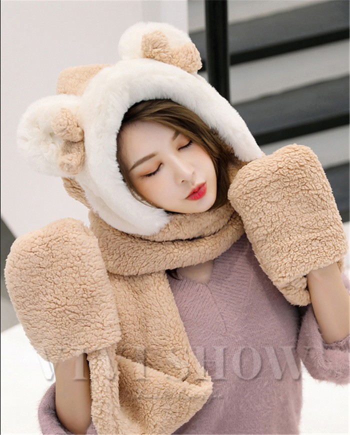 レディース＆キッズ マフラー 帽子 手袋 3点一体 セット アニマル帽子
