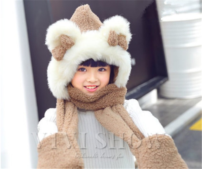 レディース＆キッズ マフラー 帽子 手袋 3点一体 セット アニマル帽子