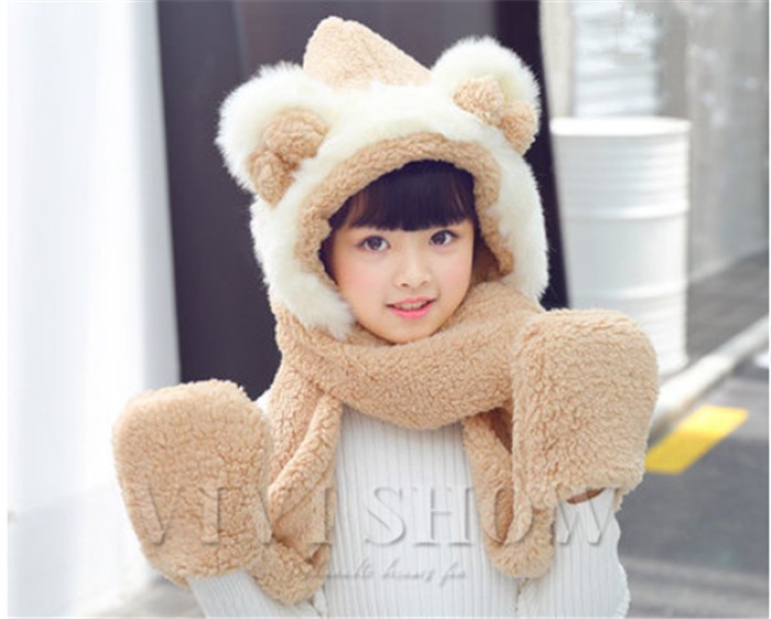 レディース＆キッズ マフラー 帽子 手袋 3点一体 セット アニマル帽子