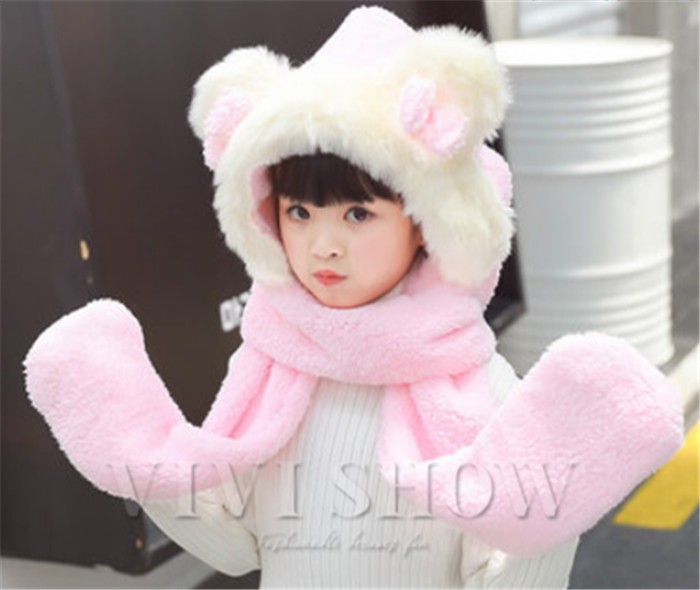 レディース＆キッズ マフラー 帽子 手袋 3点一体 セット アニマル帽子