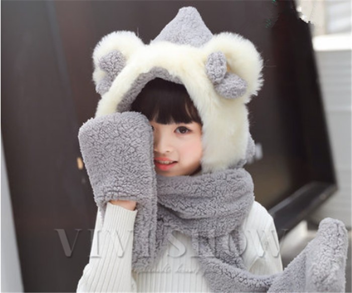 レディース＆キッズ マフラー 帽子 手袋 3点一体 セット アニマル帽子