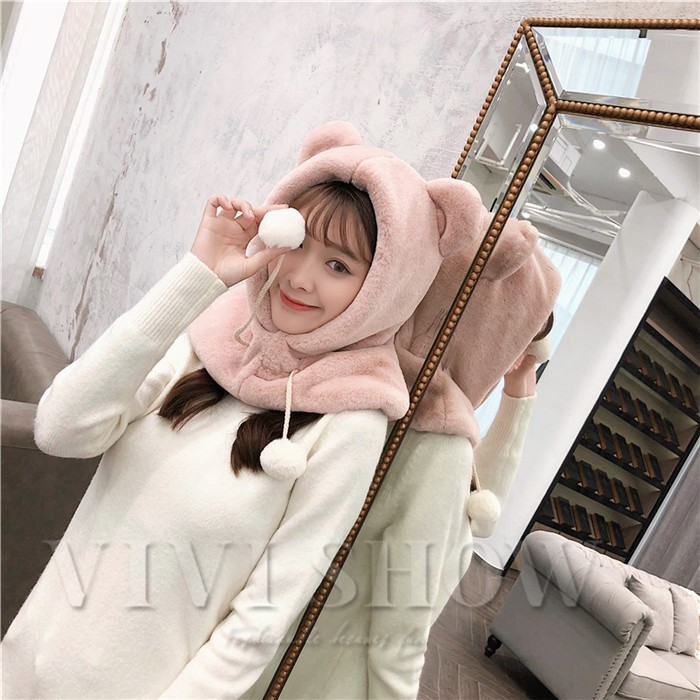 マフラー付きふわもこ帽子 マフラー帽子一体化 可愛い アニマル帽子