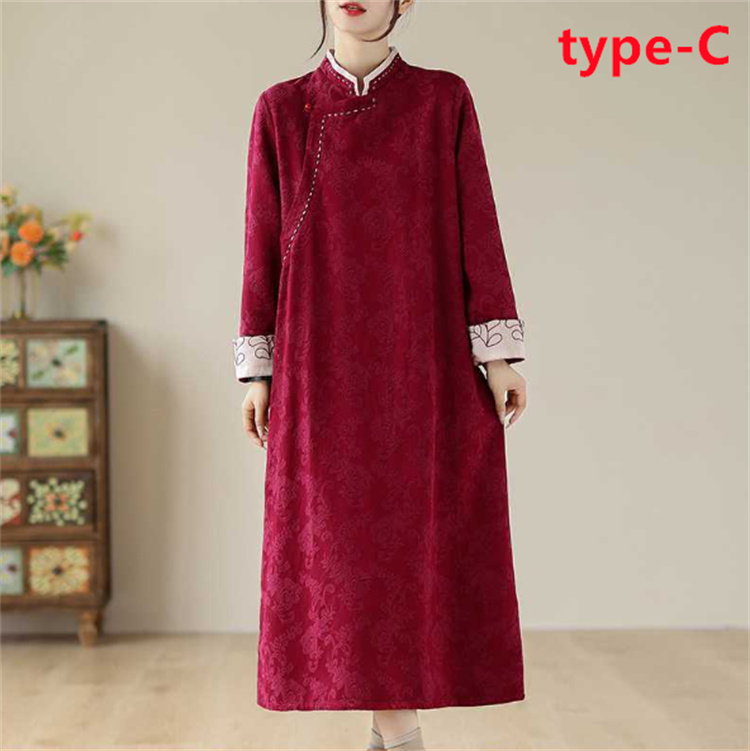 ロングワンピース レディース チャイナドレス 長袖 綿麻 ミモレ丈 花柄