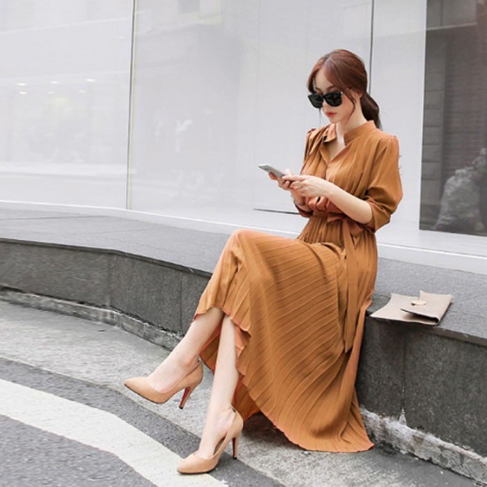 ワンピース ロング丈 シャツワンピ ウエストリボン スタンドカラー