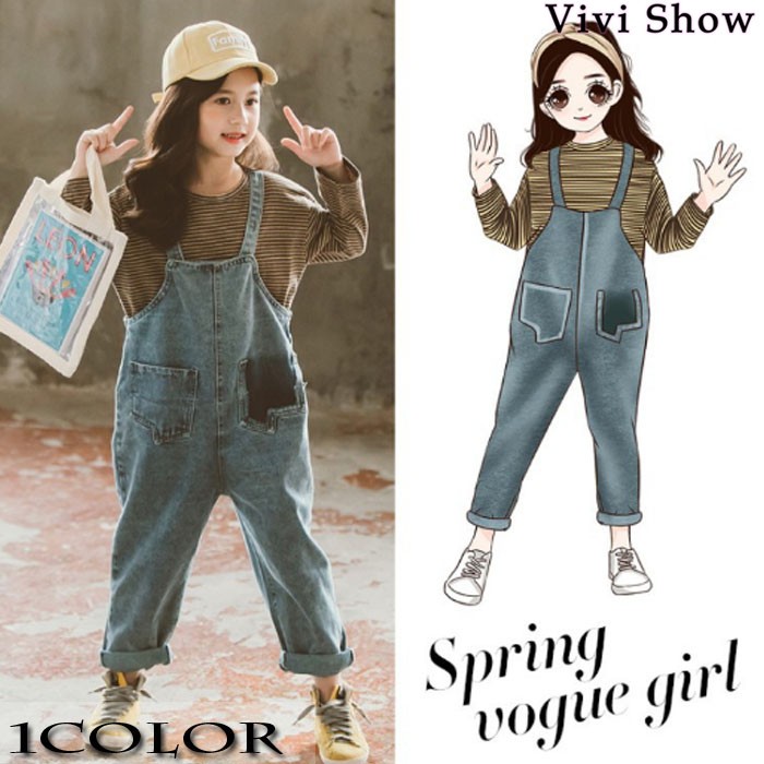 女の子 キッズ 春服 ロンTシャツ+オーバーオール 上下セット T