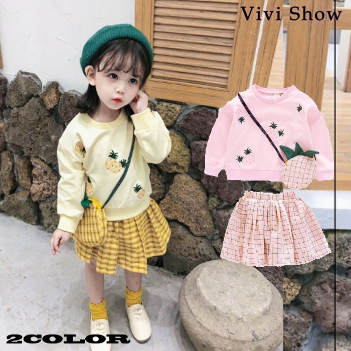 子供服 2点セット トップス+スカート パイナップル柄 長袖 スカート