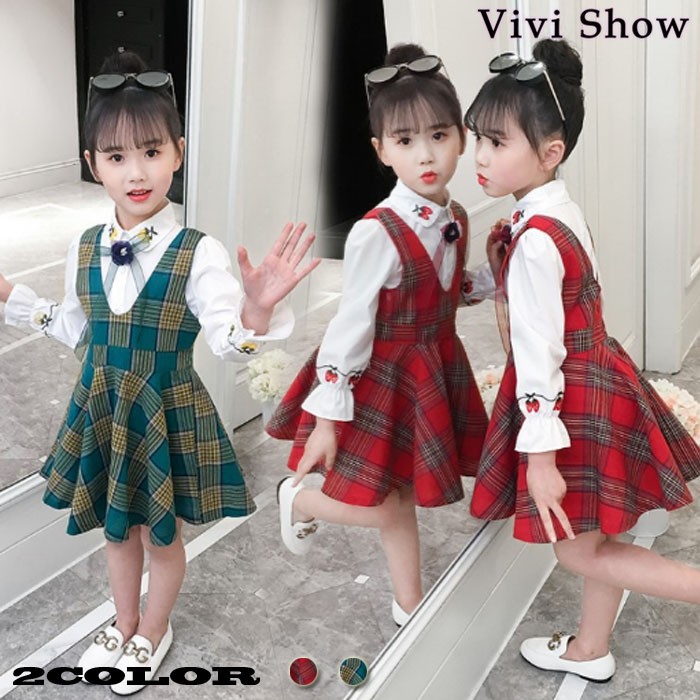 2点セット 子供服 チェック柄 トップス+サロペットスカート 白