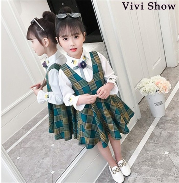2点セット 子供服 チェック柄 トップス+サロペットスカート 白