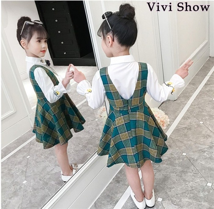 通販 2点セット 白 トップス+サロペットスカート チェック柄 子供服 Dance