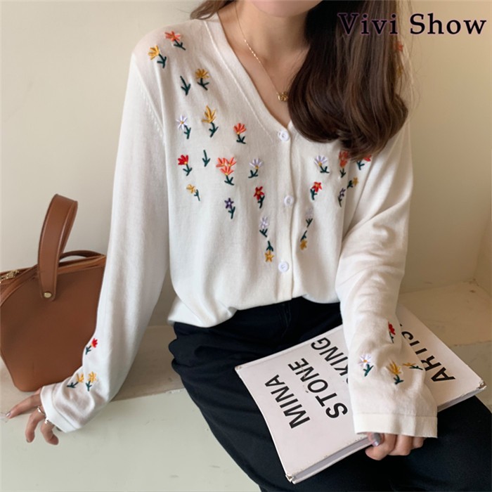 カーディガン ニットカーディガン レディース 長袖 チェック柄 ロング丈 vivishow レディース カーディガン 花柄 刺繍 Vネック 長袖 ニットカーデ
