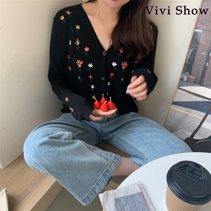 レディース カーディガン 花柄 刺繍 Vネック 長袖 ニットカーデ