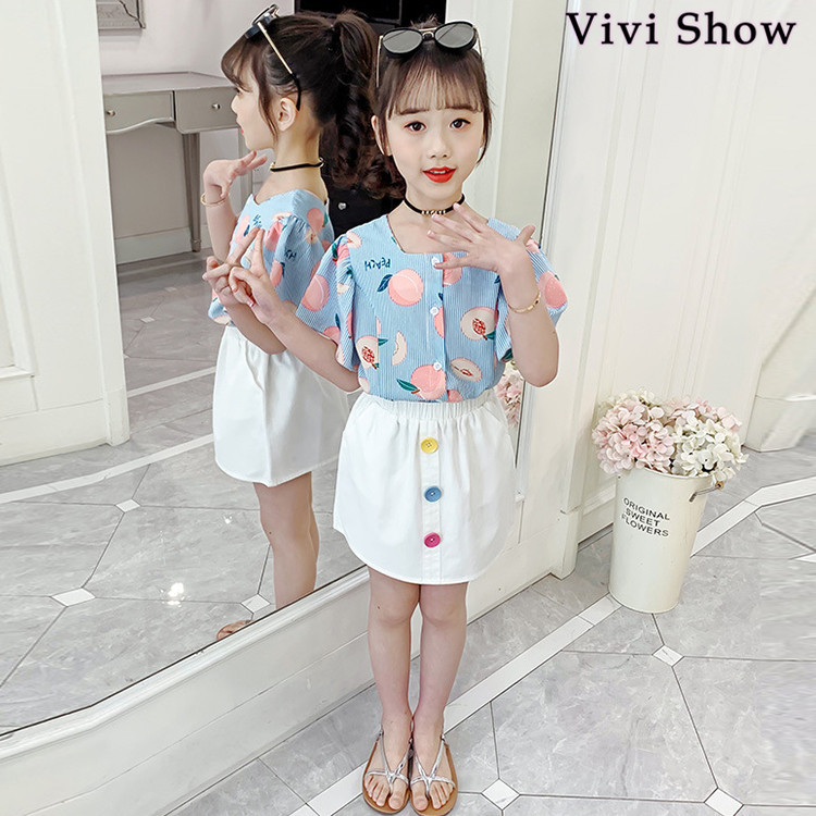 子供服 セットアップ 夏 韓国子供服 女の子 ジュニア キッズ 上下セット 2点セット 半袖 Tシャツ ミニスカート 可愛い おしゃれ 通学着 通園着  vivishow :dap140:VIVISHOW 通販 