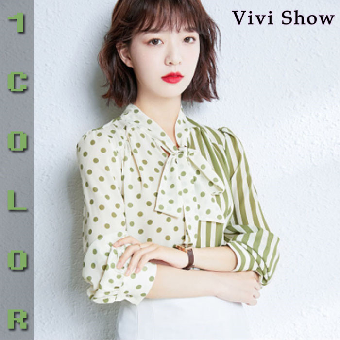 レディース リボンタイ 長袖 シャツ ブラウス ドット柄 ストライプ柄 カジュアル かっこいい vivishow レディース リボンタイ 長袖 シャツ ブラウス ドット柄 ストライプ柄