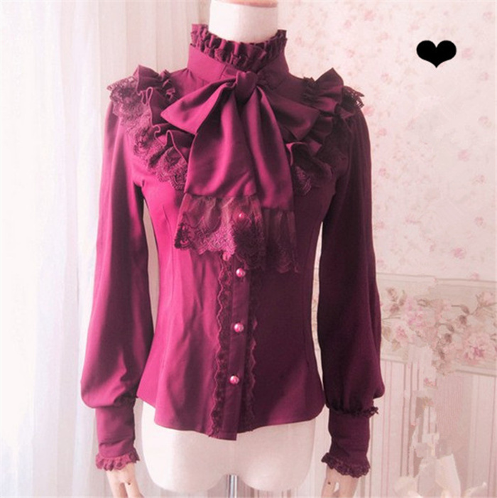 ロマンティック レース ロリータ ブラウス リボン 白 黒 ボルドー 紺