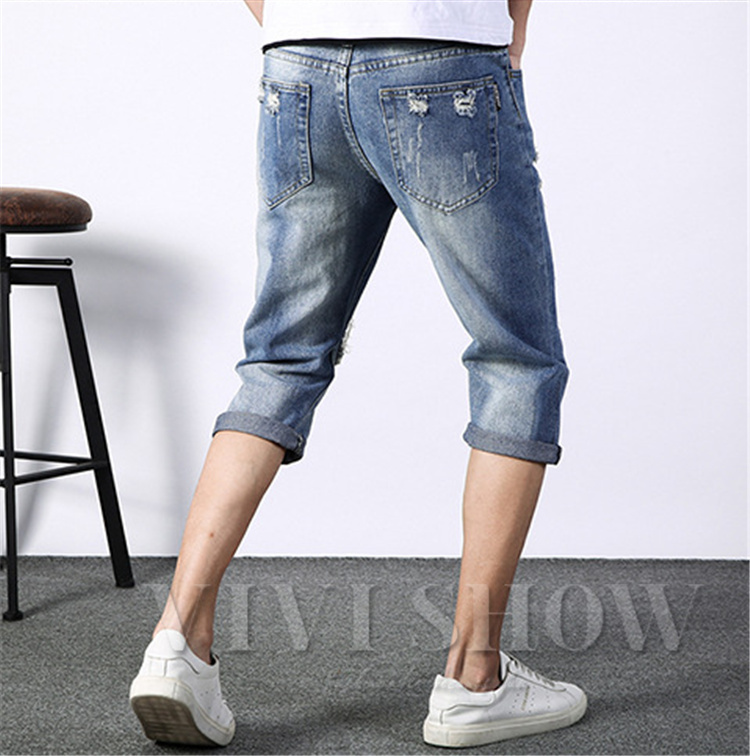 ダメージ クラッシュ ハーフパンツ ワイド 穴あき 七分丈 cr9668 デニムパンツ メンズ 7分丈 ダメージスキニー ハーフハーフ