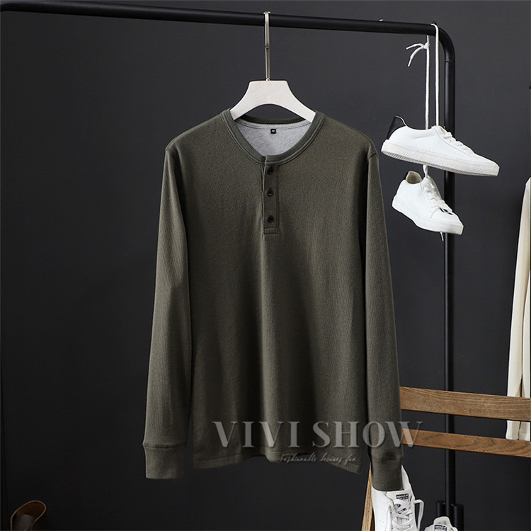 ロンT メンズ Tシャツ 長袖 ヘンリーネック ワッフル素材 ロングT