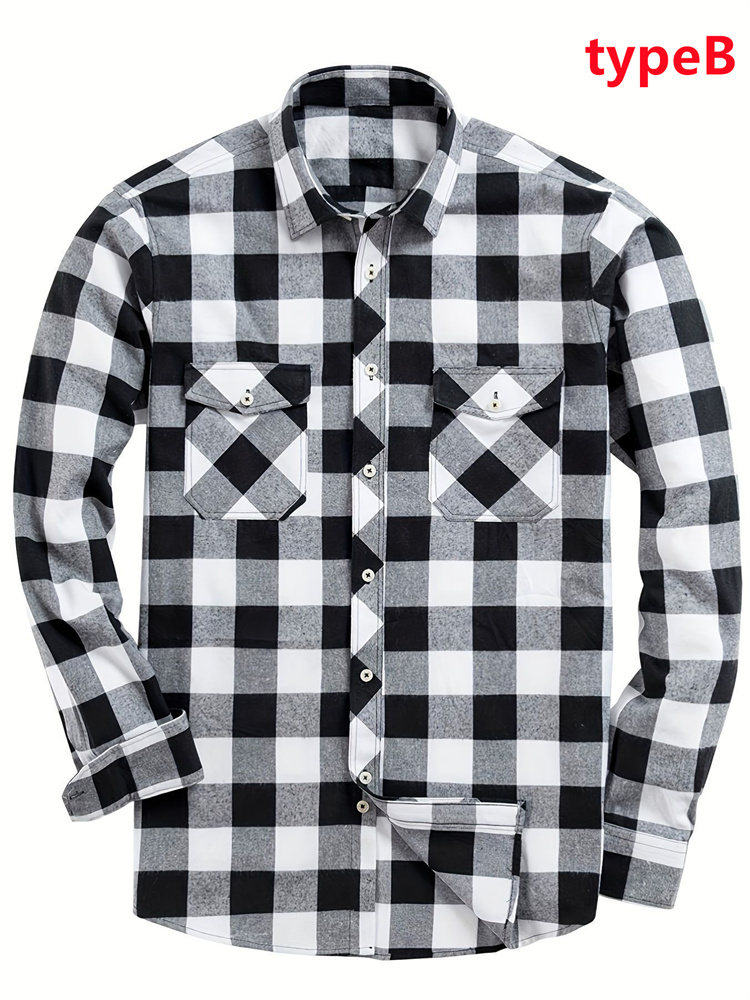 Black & White チェック柄長袖ポロシャツ (日本製) メンズ 長袖シャツ ブルー チェック柄 紳士服 黒シャツ 長袖 メンズ