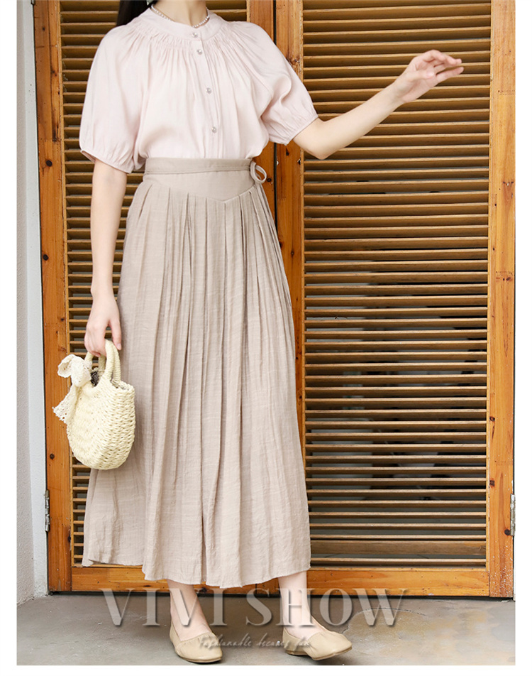 美品✨ ミューズ ロングスカート ブラウン 38リネン100 マキシ丈 セール】 フェイクレザーフレアスカート （ロング・マキシ丈