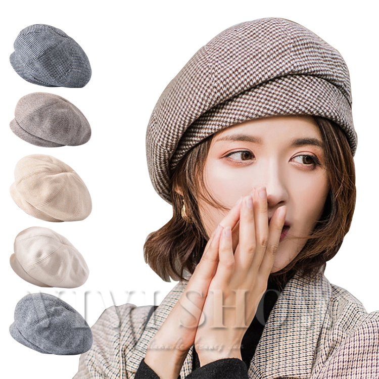 秋冬新作 クロスボーダーチェック柄ベレー帽女性用 英国風ヴィンテージ