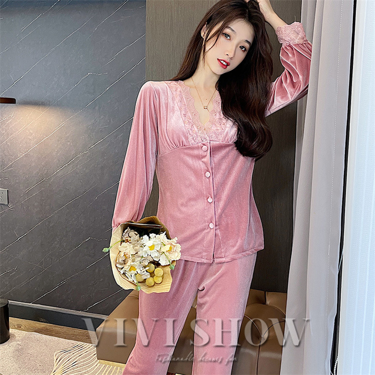 ベロア パジャマ レディース ルームウェア 上下セット レース Vネック