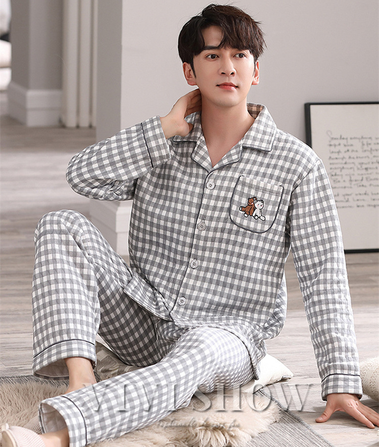 パジャマ メンズ 綿100％長袖 上下セット 前開き 秋冬 チェック柄　おしゃれ パジャマ 暖か　前開きパジャマ 　部屋着　ルームウェア　防寒　寝巻き foc462-04.jpg