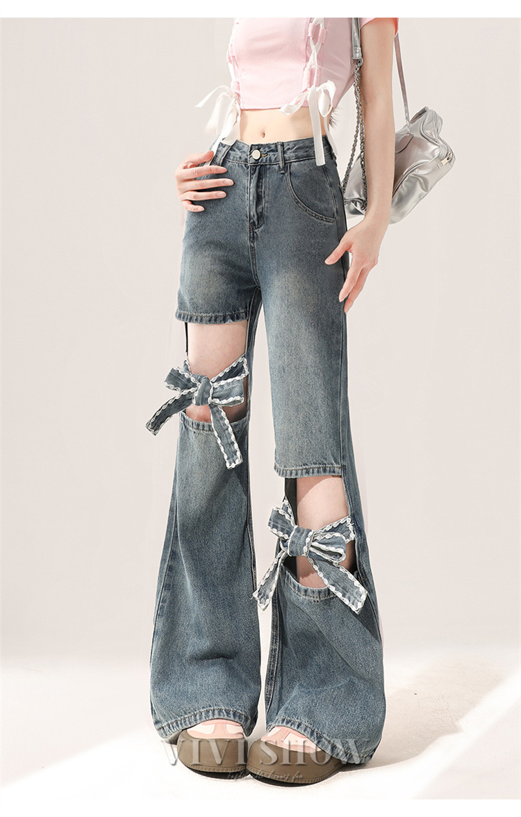レディース パンツ デニム ジーンズ リボン ワイド デニムフレア