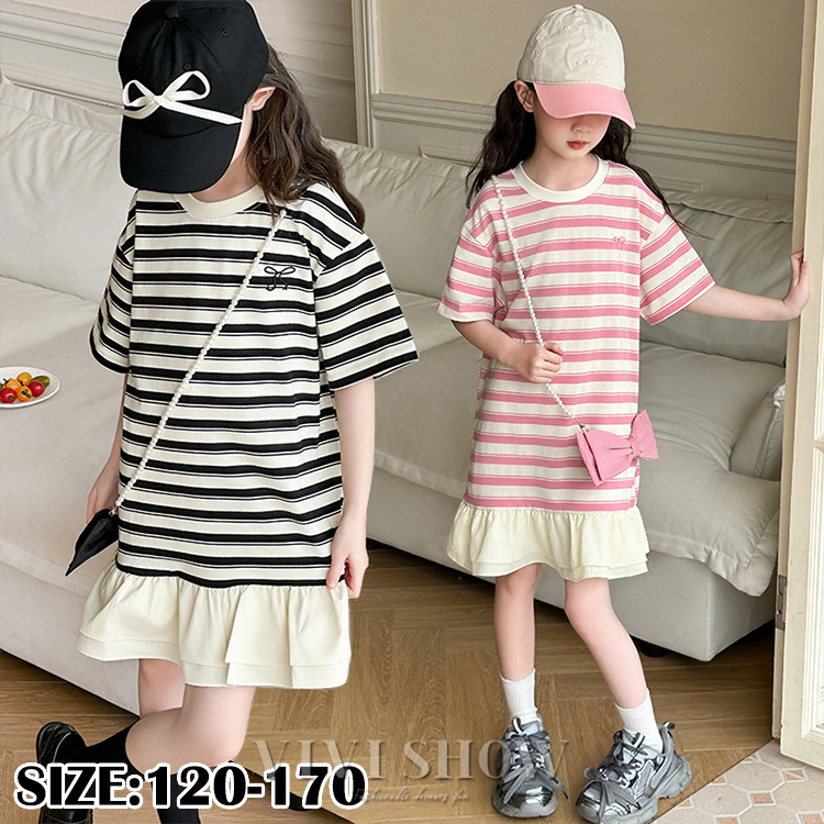 子供服 ワンピース 女の子 キッズ 半袖 ボーダー 膝丈 シンプル