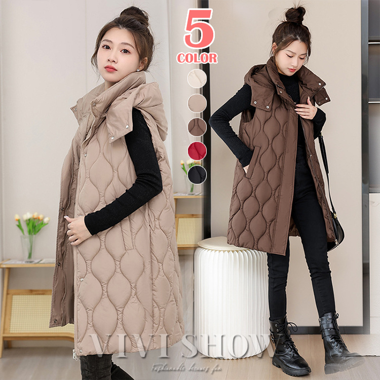 ダウンベスト レディース 中綿ベスト フード付き ロング丈 軽量 アウター 前開き 秋冬 防寒 保温 暖かい 通勤 通学 カジュアル ダウンベスト レディース 中綿ベスト フード付き ロング丈 軽量