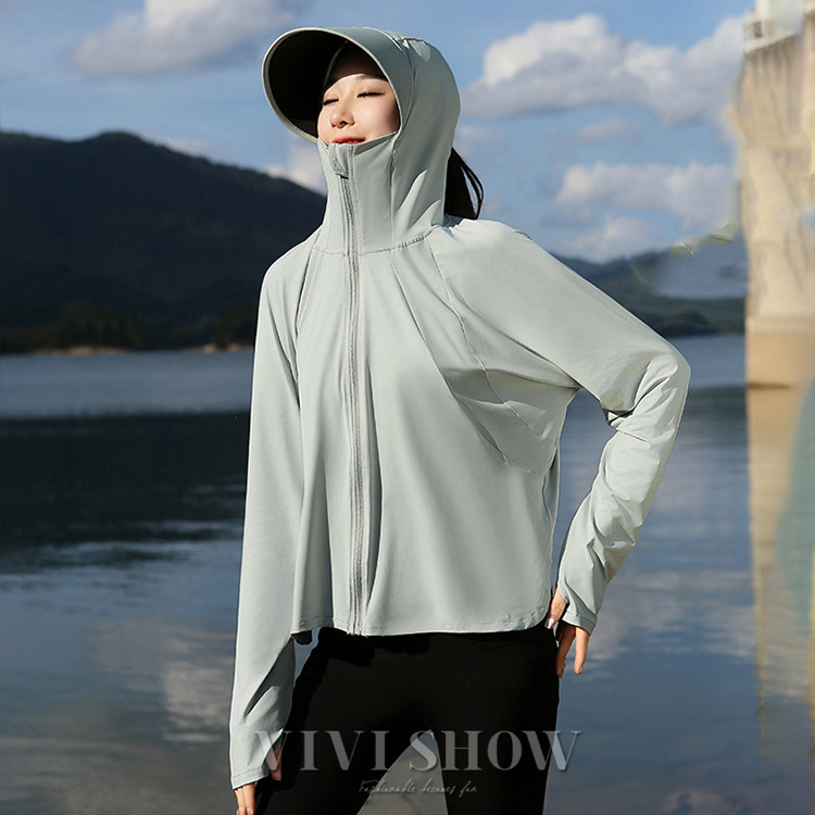 レディース UVカットフェイスガード付きパーカー フード 指穴