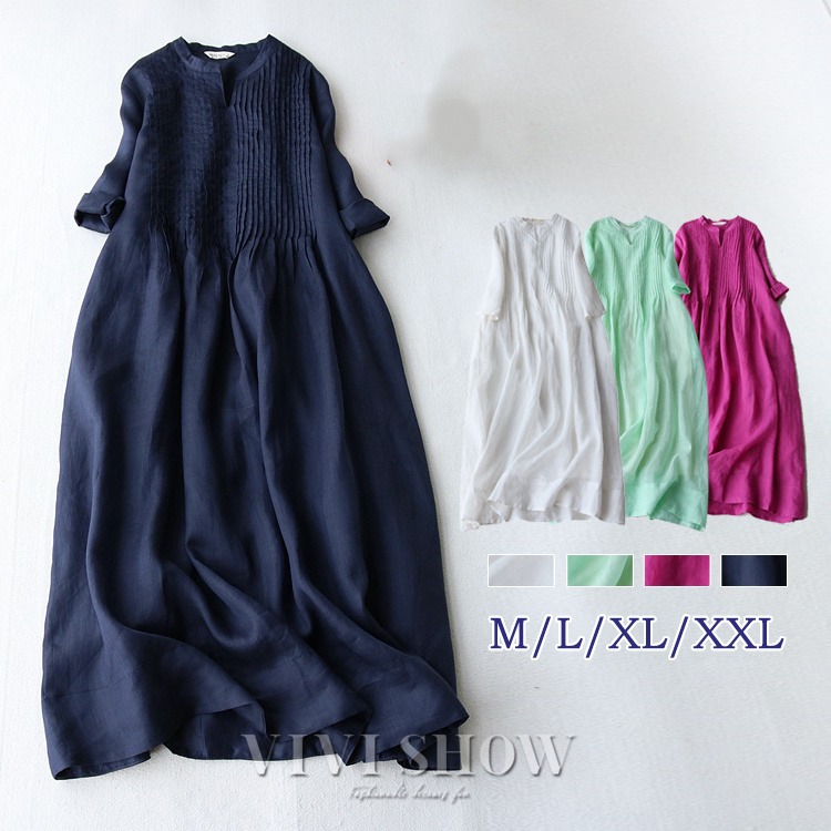 ワンピース レディース マキシ丈 五分袖丈 大きいサイズ 無地 ゆったり リネン ワンピース オーバーサイズ キレイめ 可愛い 20代 30代 40代 50代 2021春夏新作 ワンピース ロング丈 レディース ロングワンピース マキシワンピース 5