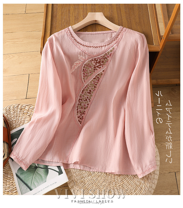 Tシャツ レディース 長袖 トップス 刺繍 ブラウス 春服 ゆったり 大人 