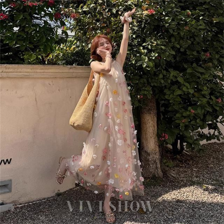 レディース ロングワンピース 立体フラワー シアーワンピース