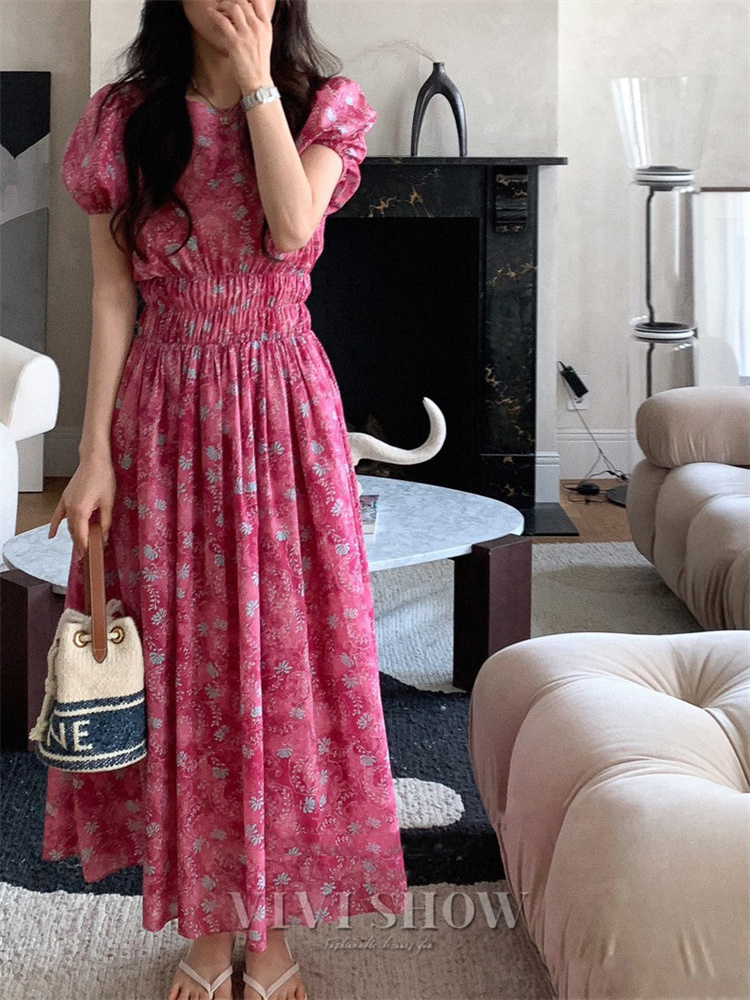 ワンピース パフスリーブ ロングワンピース レディース 花柄 半袖