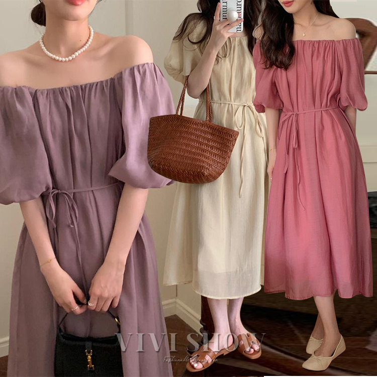 パフスリーブ ロング ワンピース レディース 半袖 ミモレ Aライン