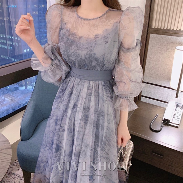 フレア シースルー ワンピース ロング パフスリーブ パフスリーブ シアー ロング ワンピース レディース 長袖 ミモレ
