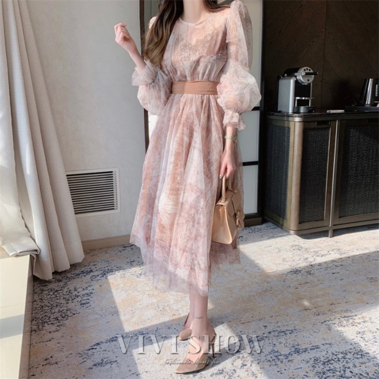 フレア シースルー ワンピース ロング パフスリーブ パフスリーブ シアー ロング ワンピース レディース 長袖 ミモレ