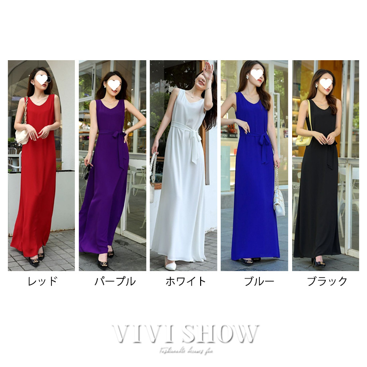 ワンピース ノースリーブ レディース 春夏 リボン付き シフォン ロング