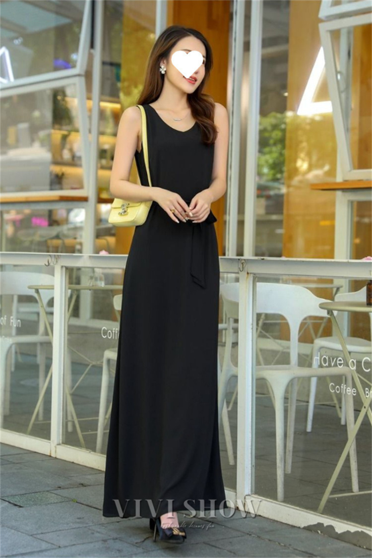 ワンピース ノースリーブ レディース 春夏 リボン付き シフォン ロング