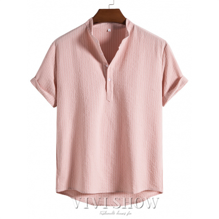 ハーフリネン トップス くすみピンク 半袖 100サイズ Tシャツ メンズ リネン ストライプ リネンシャツ 半袖 夏 男性用