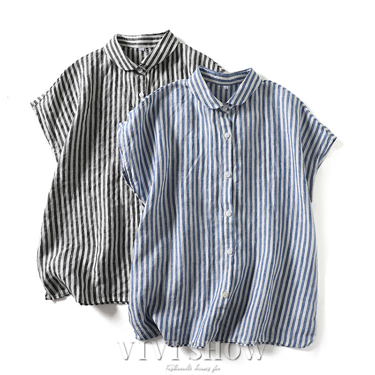 美品 エブール コットンリネン半袖シャツブラウス カシュクール ストライプ柄 ebure - 美品☆エブール コットンリネン 半袖シャツ ブラウス