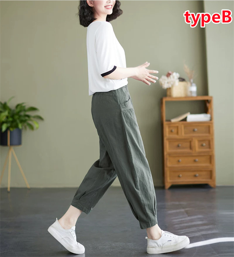 M.&KYOKO リネン混 サルエルパンツ S 日本製 グリーン系 レディース 綿麻 ガウチョパンツ ワイドパンツ サルエルパンツ リネン