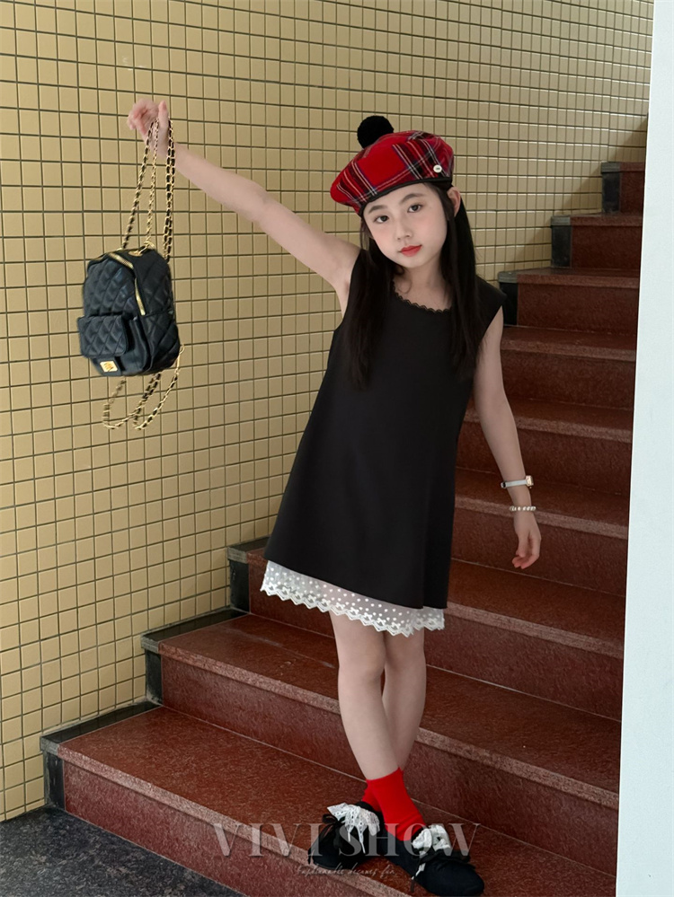 ノースリーブ ワンピース 子供服 膝丈 女の子 裾レース キッズ