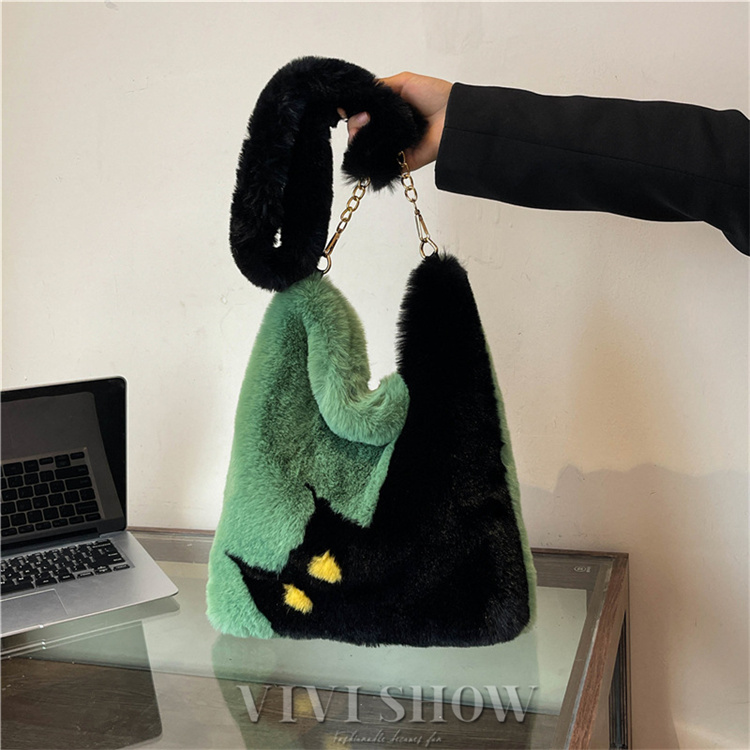 【グリーン】ファーバック/秋バッグ/冬バッグ/モコモコバッグ 猫柄 バッグ ショルダー モコモコバッグ ファー もこもこバッグ 冬
