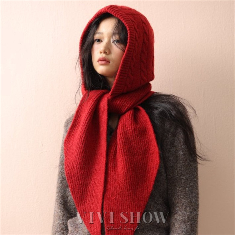 赤いフード付きニットマフラー ニットマフラー フード付き レディース 肩掛けニット フードマフラー