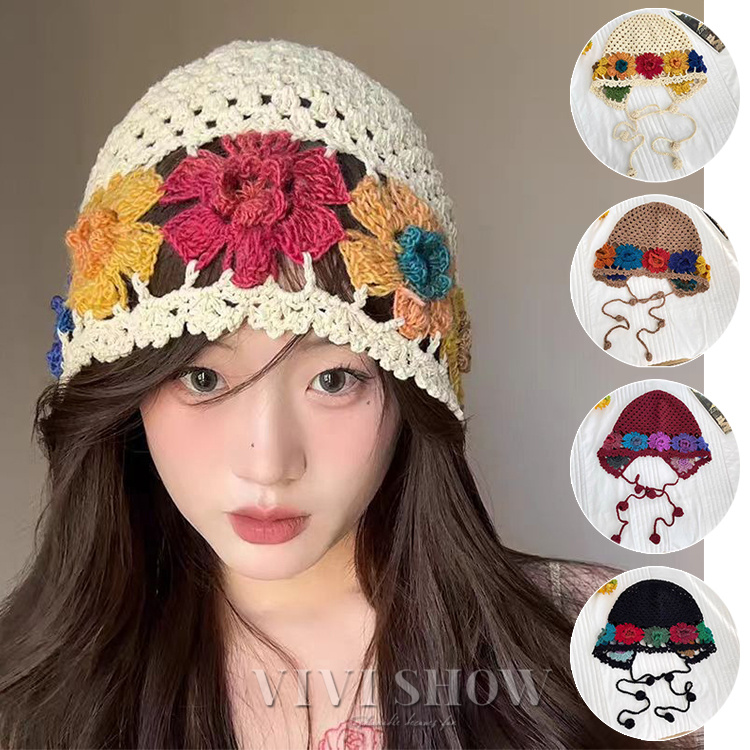 クロシェハット 帽子 クロシェ編み カラフル 花柄 かぎ針編み