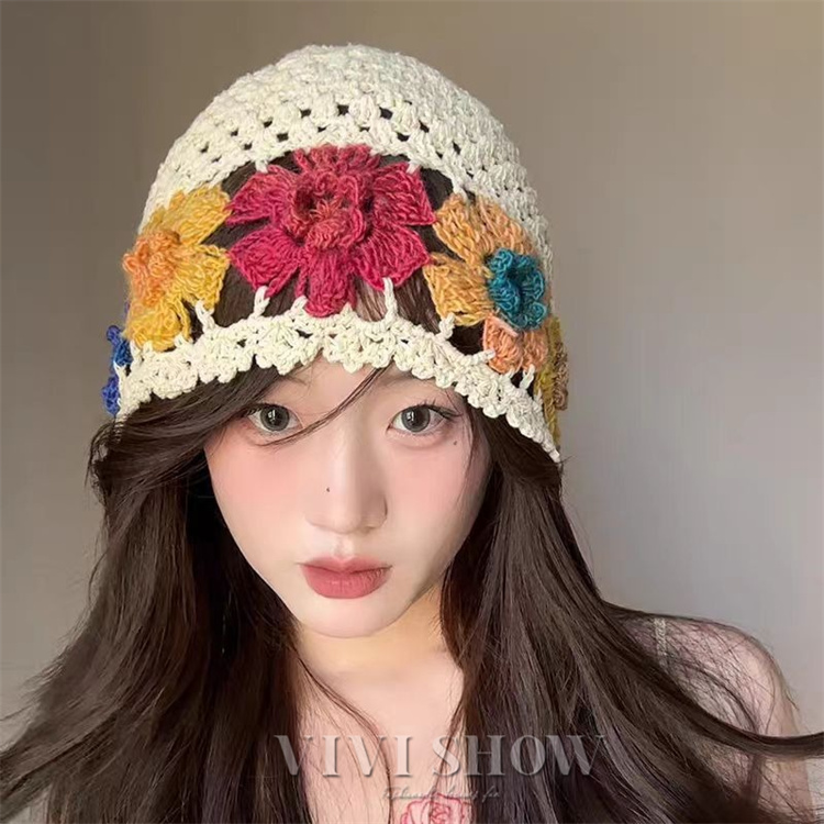 クロシェハット 帽子 クロシェ編み カラフル 花柄 かぎ針編み