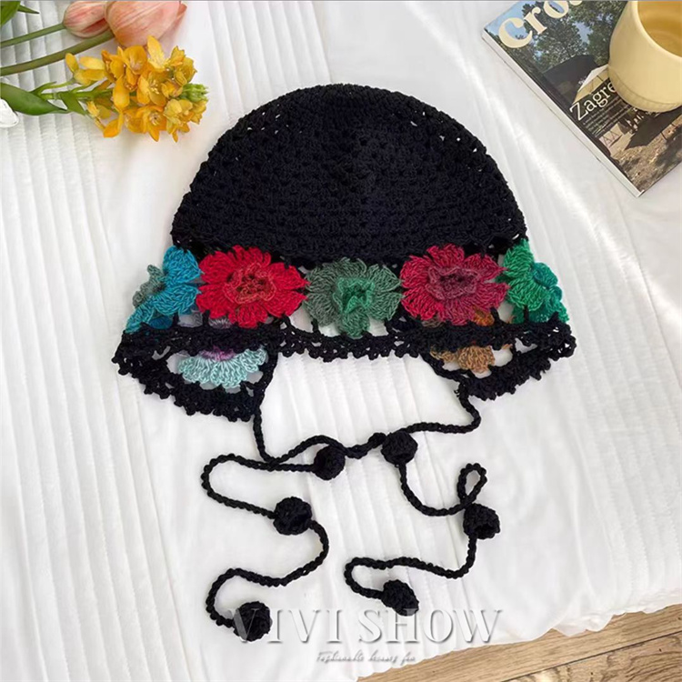 クロシェハット 帽子 クロシェ編み カラフル 花柄 かぎ針編み