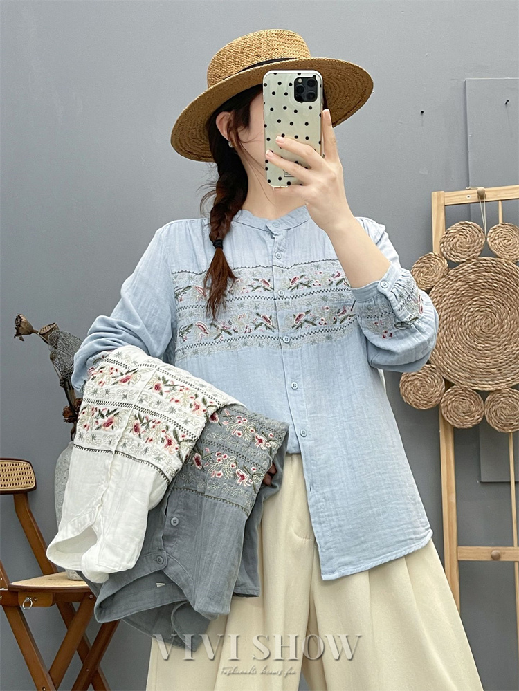 ブラウス レディース シャツブラウス 花柄刺繍 長袖 前開き トップス